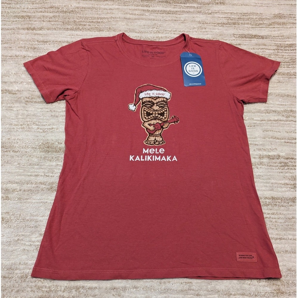 Life Is Good Crusher Tee Womens Medium Red Mele Kalikimaka Tiki Santa Christmas